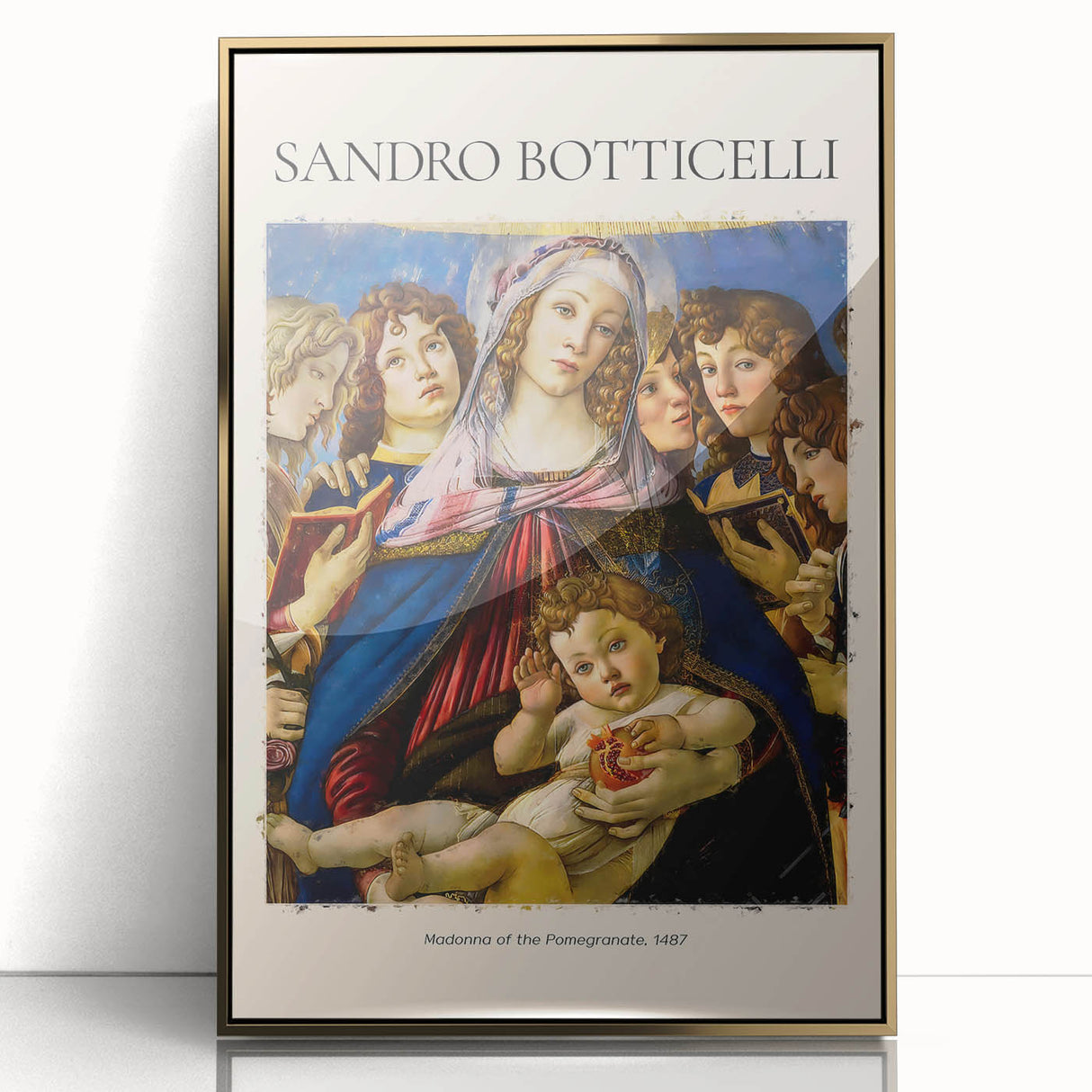 Mid-century modernist Botticelli-inspired art in a gold frame, featuring soft pastel hues, ideal for nursery wall art.