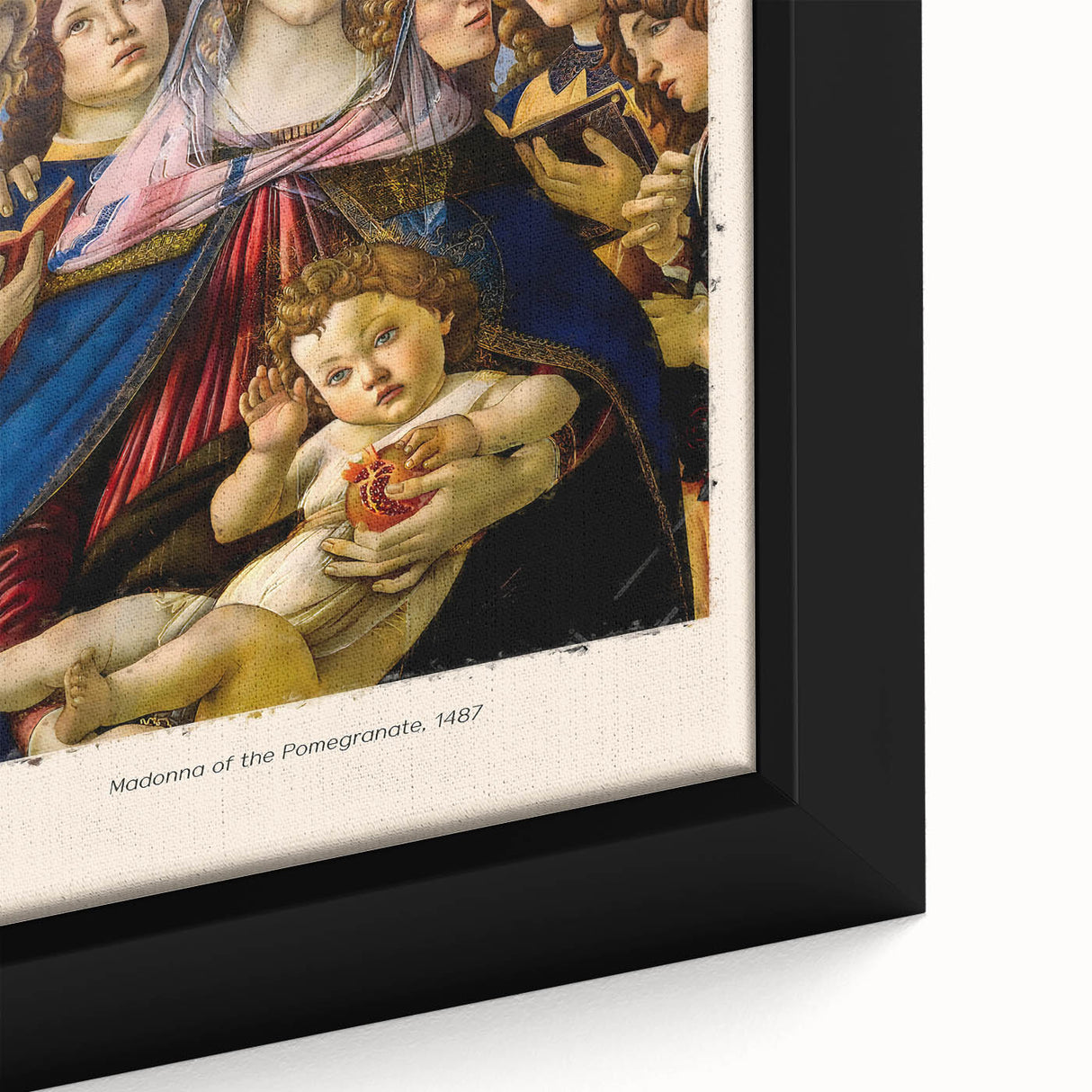 Black wall art featuring a close-up of a Sandro Botticelli-inspired design on a framed canvas, with colorful.