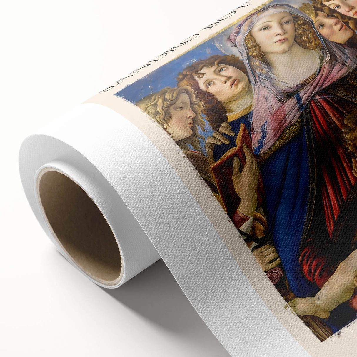 Art deco style poster of Sandro Botticelli's artwork on rolled canvas, featuring pastel color palette.