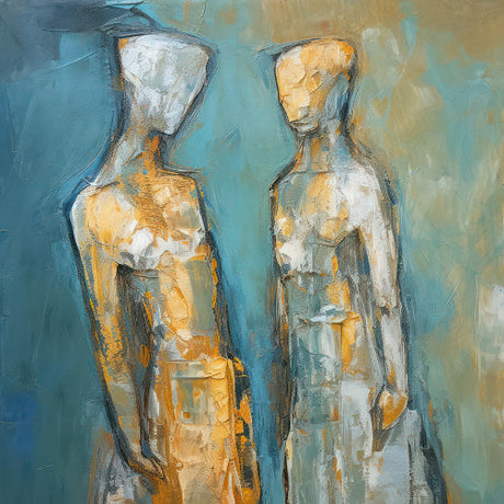 Figurative abstract wall art with textured painting of two faceless human figures in blue and gold tones