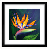 Bird of Paradise wall art showcasing vibrant floral design in a black frame with a white mat, ideal for modern home decor, enhancing any living space.