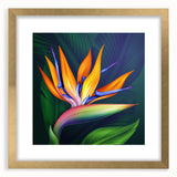 Botanical wall art featuring a vibrant bird of paradise design in a gold frame with matting, showcasing intricate floral details, perfect for home decor enhancement.