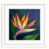 Framed botanical wall art featuring a vibrant Bird of Paradise design in a white mat, ideal for home decor or gallery display, enhancing any room's aesthetic.