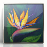 Framed botanical wall art featuring a vibrant Bird of Paradise design, displayed with a sleek silver frame, ideal for home decor and nature enthusiasts.