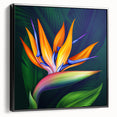 Framed canvas wall art showcasing a vibrant Bird of Paradise botanical design, featuring rich colors and a sleek black frame, perfect for modern decor.