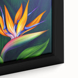 Close-up of a vibrant botanical bird of paradise wall art design, showcasing intricate details and vivid colors on a framed canvas, perfect for home decor.