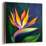 Framed wall art featuring a stunning botanical design of a Bird of Paradise flower in vibrant colors, accented with silver and gold tones, ideal for home decor.