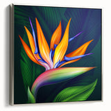 Elegant framed canvas artwork showcasing a botanical bird of paradise design with vibrant colors and intricate details, perfect for modern home decor.