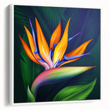 Framed wall art print showcasing a vibrant Bird of Paradise design with botanical elements, set against a white background, ideal for home decor enhancement.
