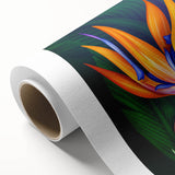 Vibrant botanical wall art design showcasing a bird of paradise in rich colors, printed on rolled canvas for easy display and decoration. Perfect for adding a tropical touch to home decor.