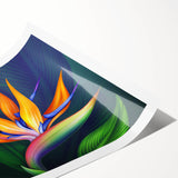 Vibrant botanical wall art print featuring a colorful Bird of Paradise design, showcasing intricate floral details on a textured canvas, ideal for home decor.