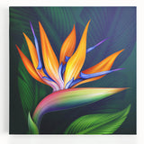 Vibrant Bird of Paradise wall art design on stretched canvas, showcasing intricate floral details in rich colors, ideal for enhancing modern home decor.