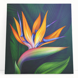 Vibrant Bird of Paradise wall art design on stretched canvas, showcasing bold colors and intricate floral details, perfect for enhancing modern home decor.