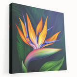 Stretched canvas wall art showcasing a vibrant Bird of Paradise design with rich colors and intricate details, perfect for enhancing modern home decor.