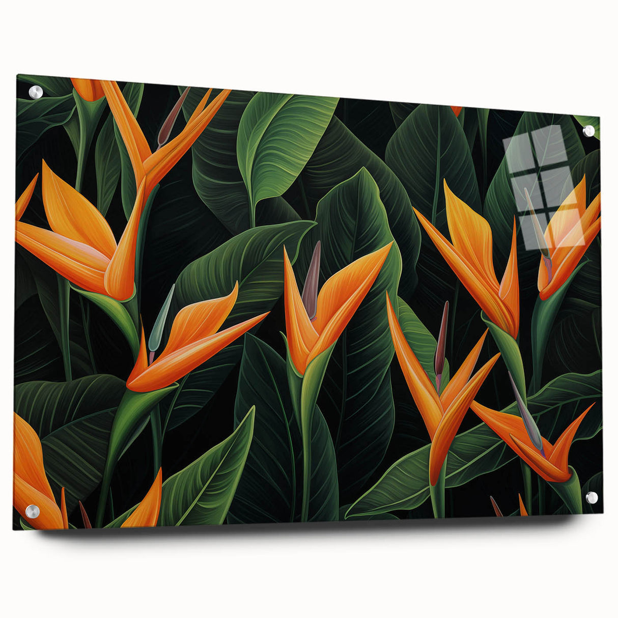Colorful bird of paradise wall art design showcased in acrylic glass, highlighting vibrant floral details and an elegant side view with mounting pins, ideal for modern decor.