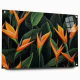 Colorful bird of paradise wall art design showcased in acrylic glass, highlighting vibrant floral details and an elegant side view with mounting pins, ideal for modern decor.