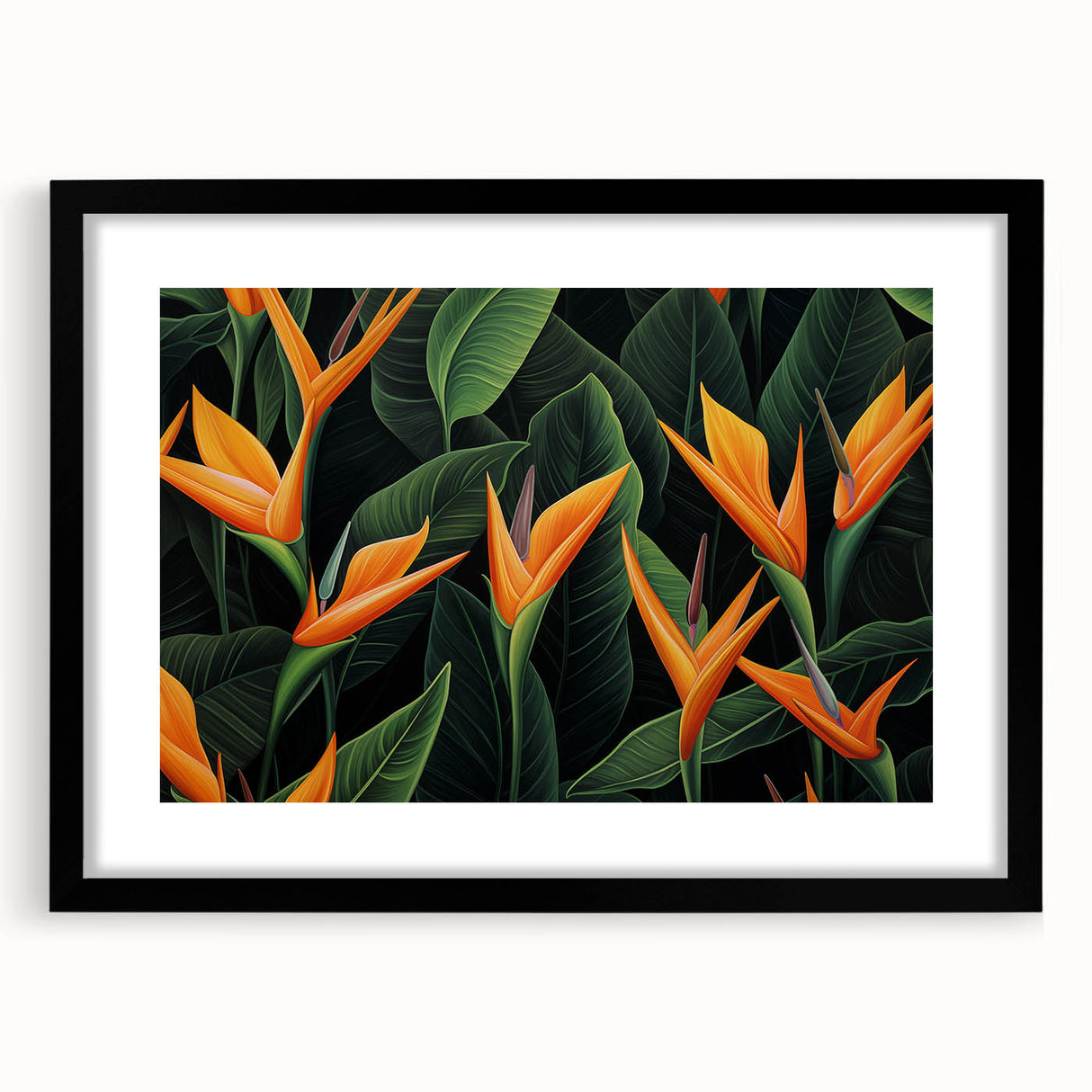 Elegant framed wall art featuring a botanical design of a vivid bird of paradise, showcasing lush colors and intricate details, perfect for home decor.