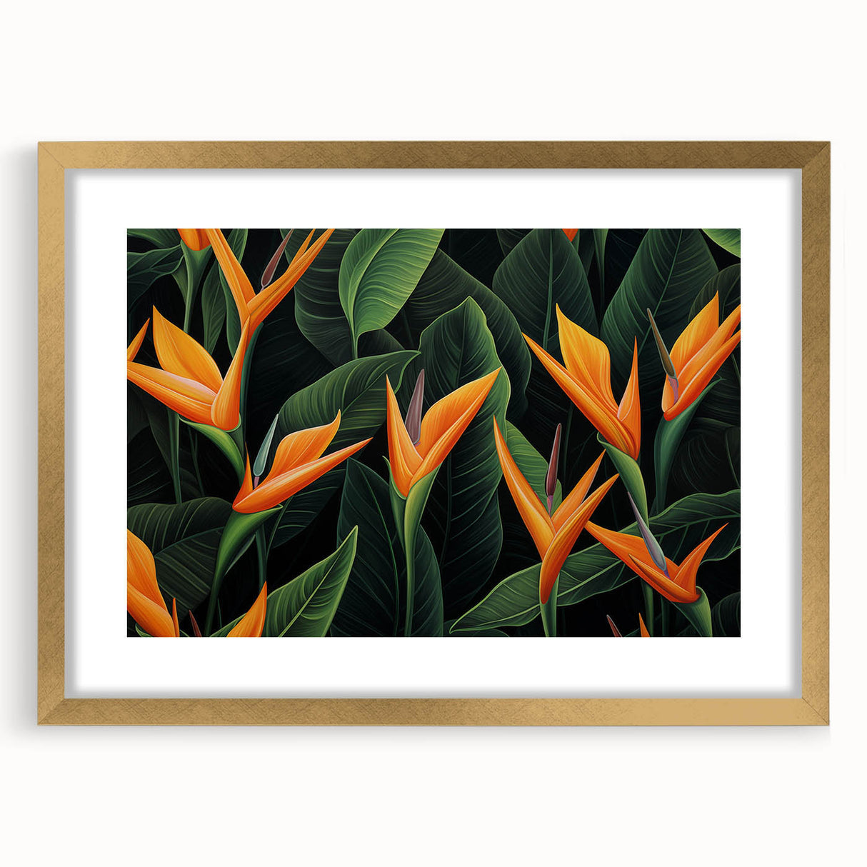 Botanical wall art featuring a vibrant Bird of Paradise design in a gold frame with a mat, perfect for enhancing modern decor and brightening living spaces.