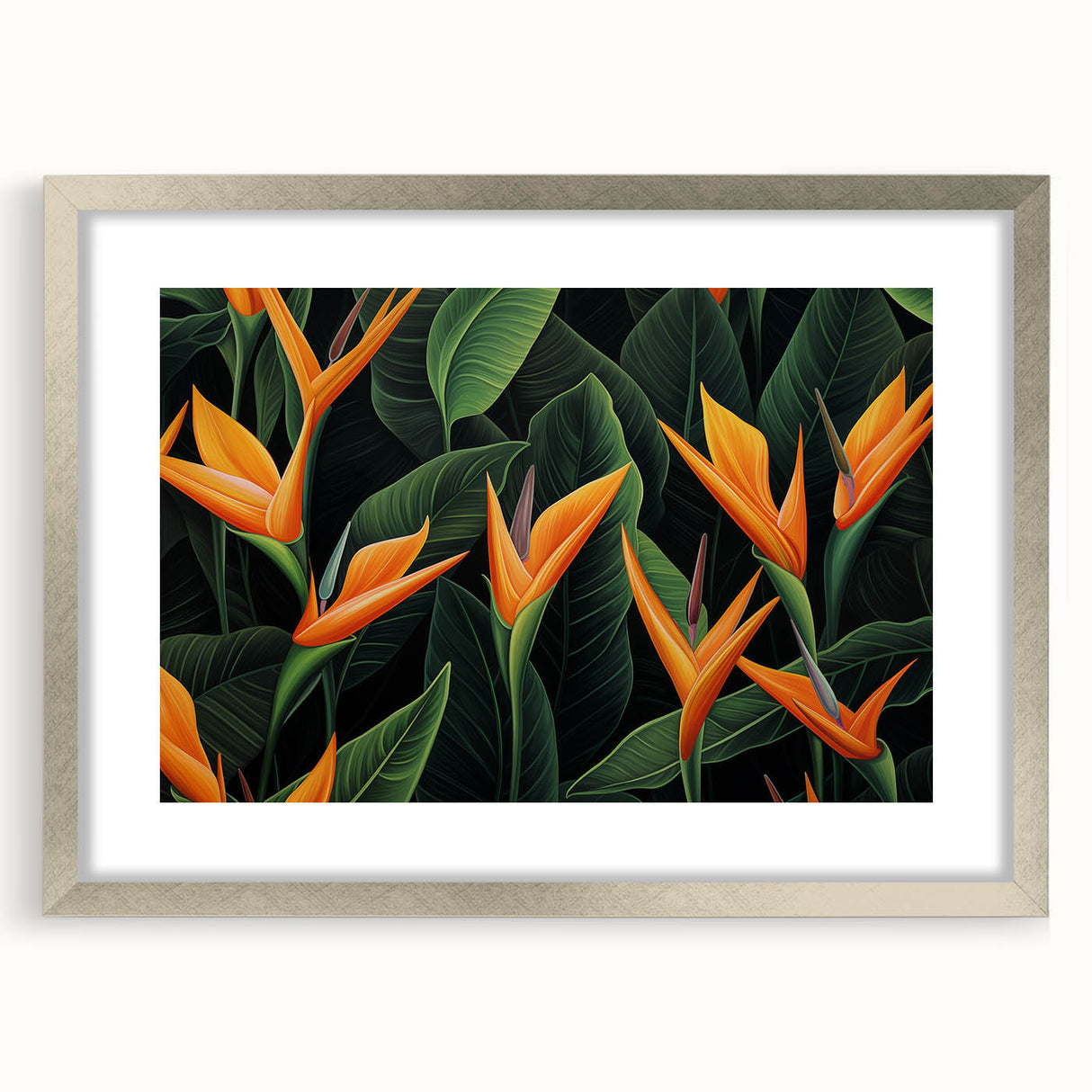 Elegant wall art featuring a bird of paradise botanical design in a silver frame with a mat, showcasing vibrant floral colors, perfect for home decor.