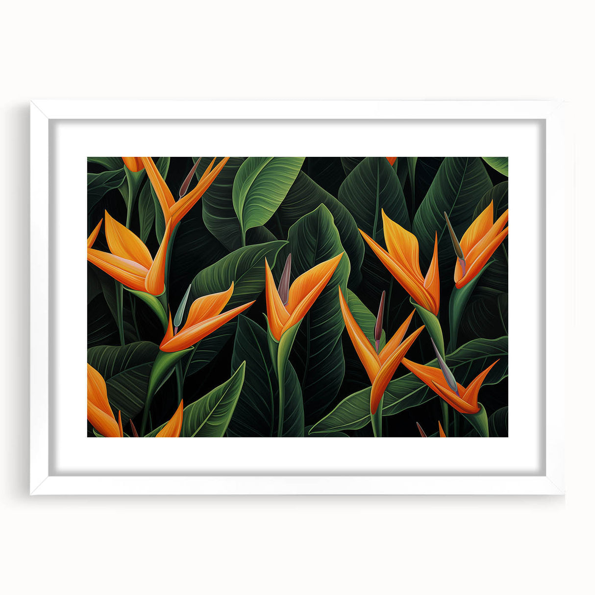 Botanical wall art featuring a vibrant Bird of Paradise design in a white frame with a mat, showcasing intricate floral details and elegant colors, ideal for home decor.