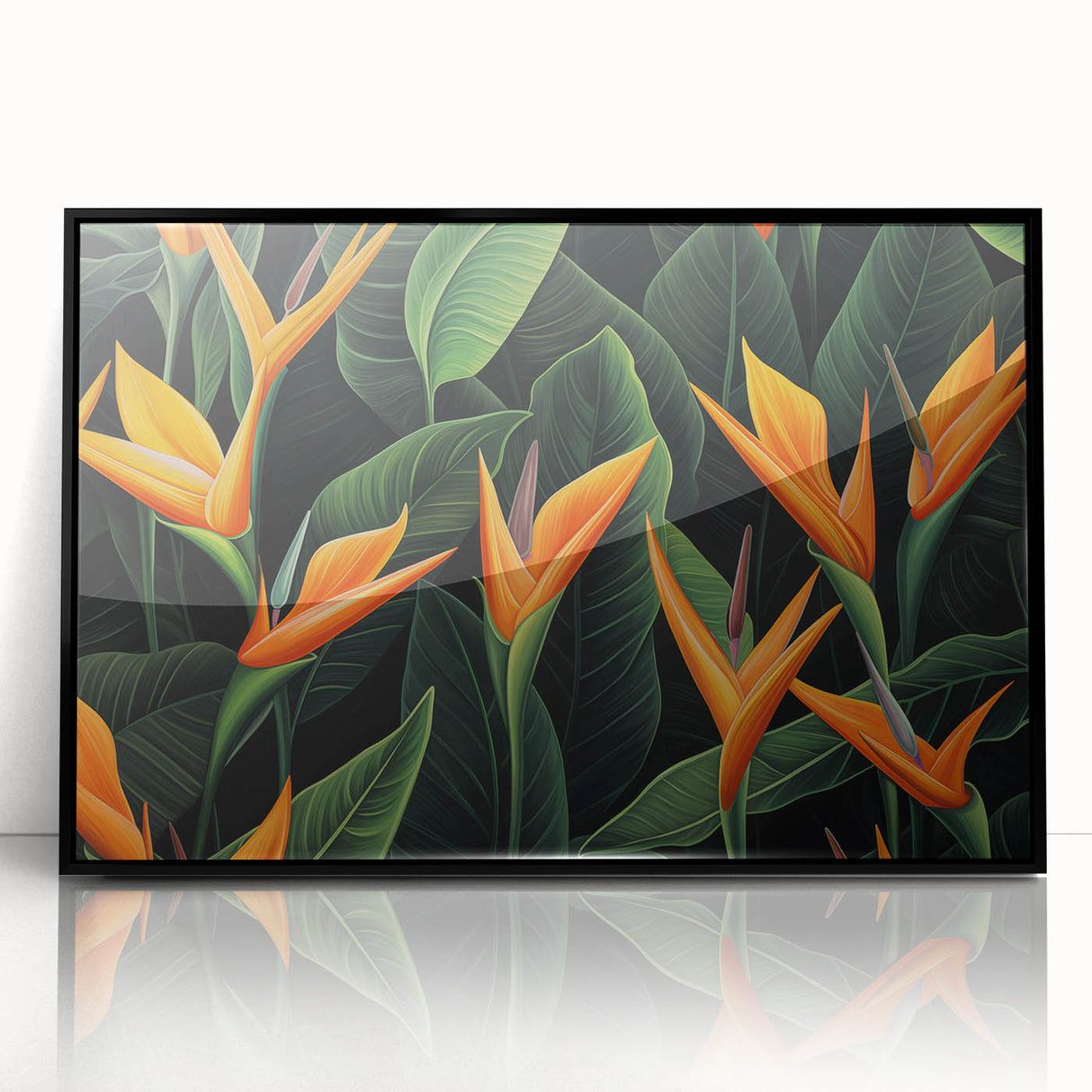 Framed wall art featuring a vibrant Bird of Paradise design in botanical style, showcasing rich greens and bold oranges, ideal for modern home decor.
