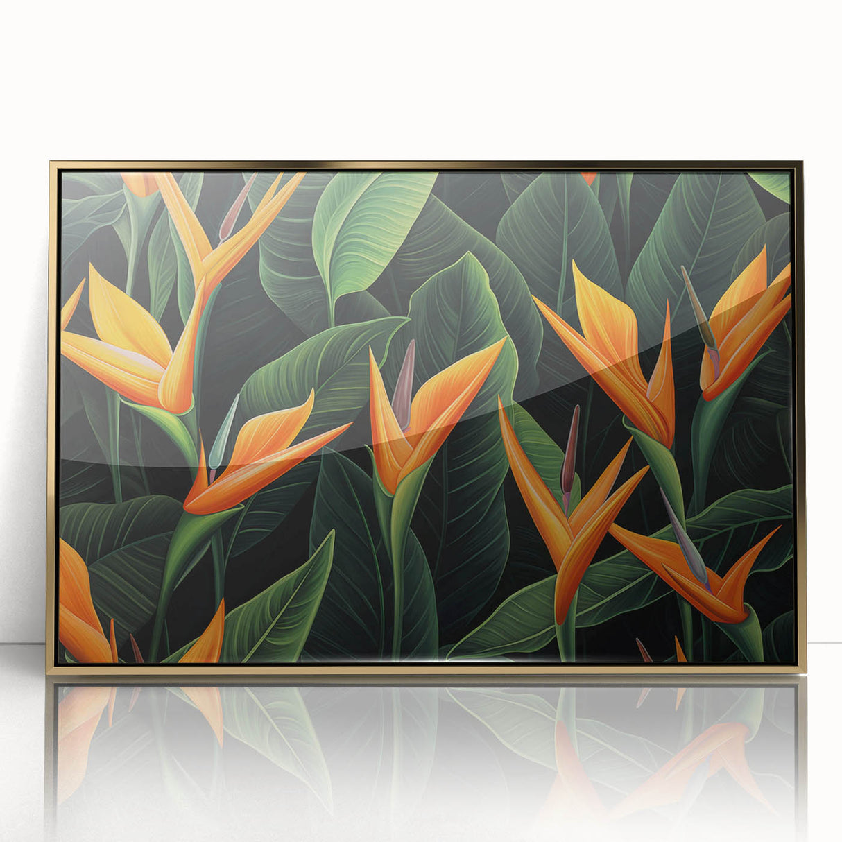 Framed wall art showcasing a vibrant Bird of Paradise design in shades of blue and gold, elegantly displayed with acrylic protection, perfect for home decor.
