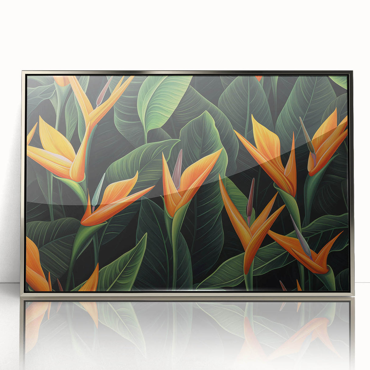 Framed wall art showcasing a vibrant Bird of Paradise design with botanical elements, featuring silver acrylic framing for a modern touch, ideal for home decor.