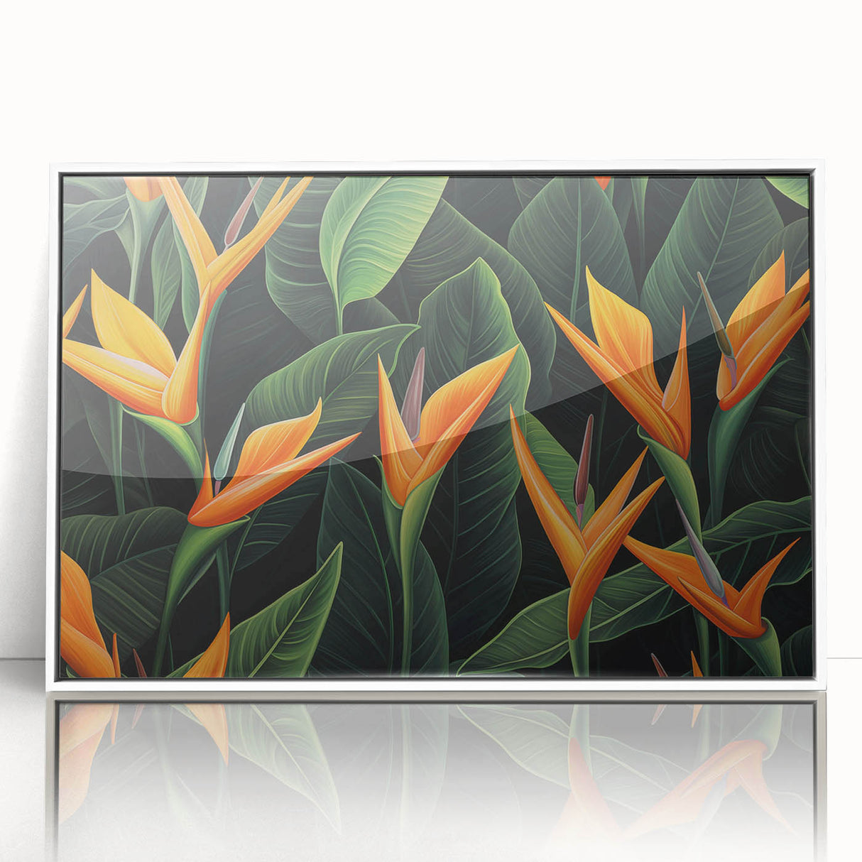 Framed acrylic wall art showcasing a vibrant bird of paradise design with colorful flowers on a white background, ideal for modern home decor.