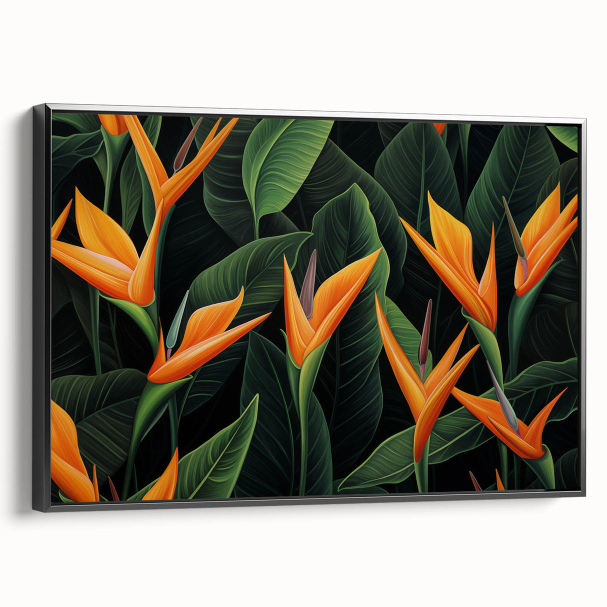 Framed wall art featuring a vibrant botanical design of a Bird of Paradise plant, set against a sleek black background, perfect for modern home decor.