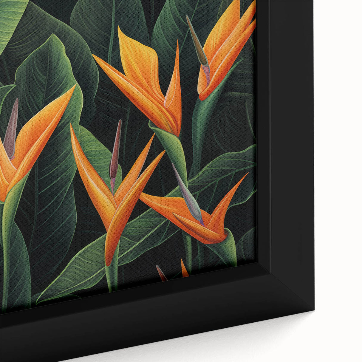 Close-up of a framed canvas wall art piece depicting a vibrant Bird of Paradise design with colorful botanical elements, perfect for home decor enhancement.