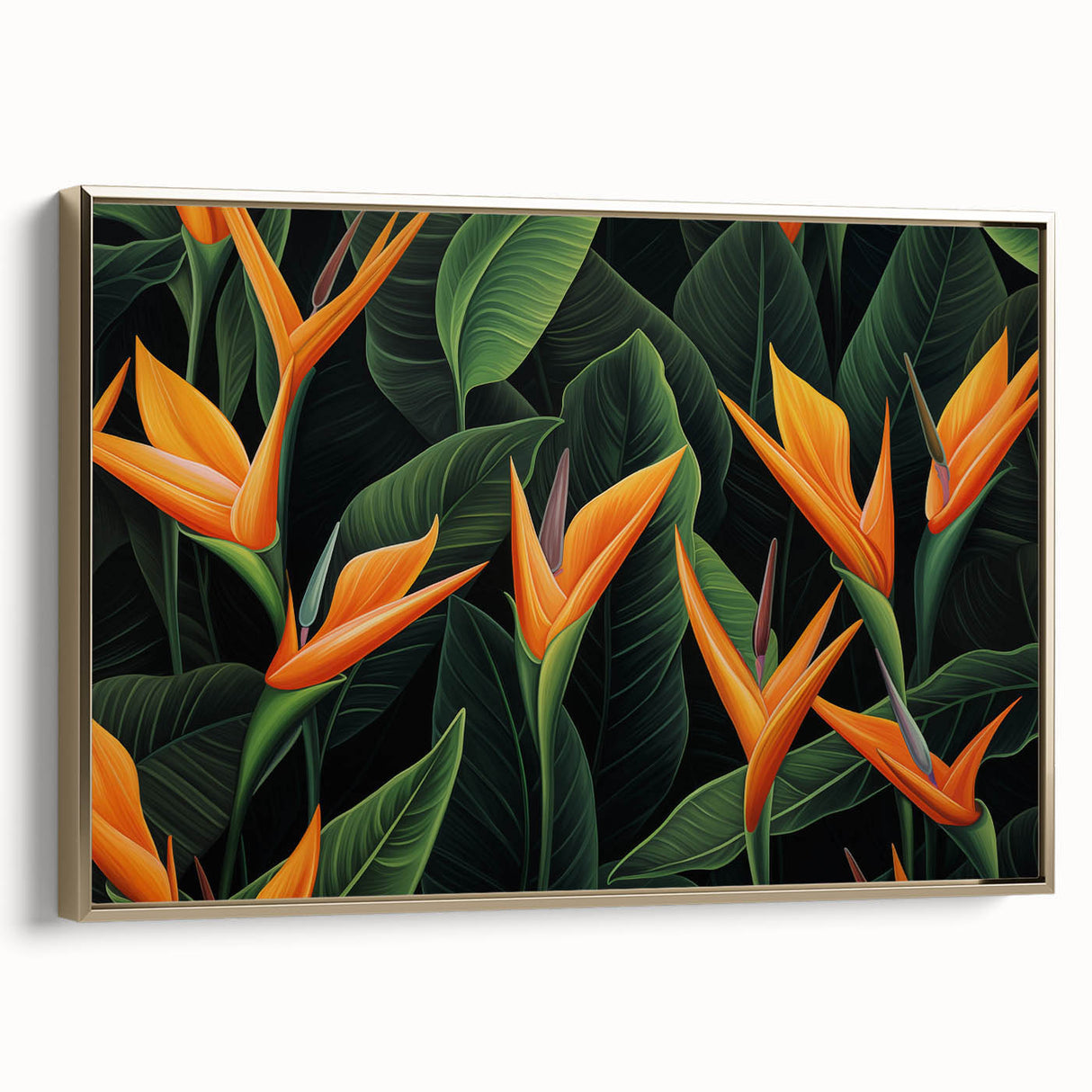 Framed wall art featuring a vibrant Bird of Paradise design in gold tones, showcasing intricate botanical details, perfect for modern decor and art enthusiasts.