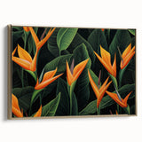 Framed wall art featuring a vibrant Bird of Paradise design in gold tones, showcasing intricate botanical details, perfect for modern decor and art enthusiasts.