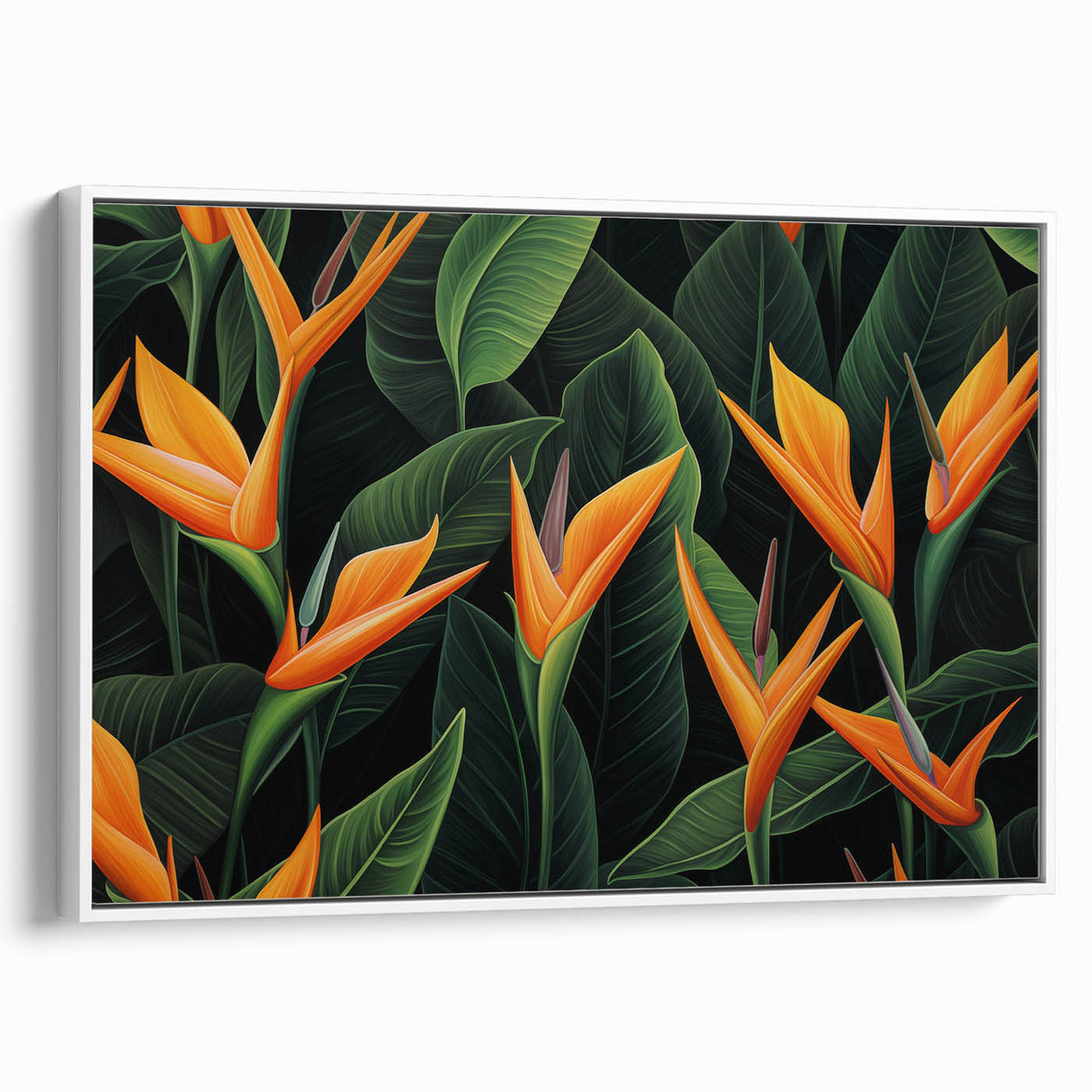 Framed canvas wall art showcasing a vibrant Bird of Paradise floral design, featuring rich colors and intricate botanical details, perfect for home decor.