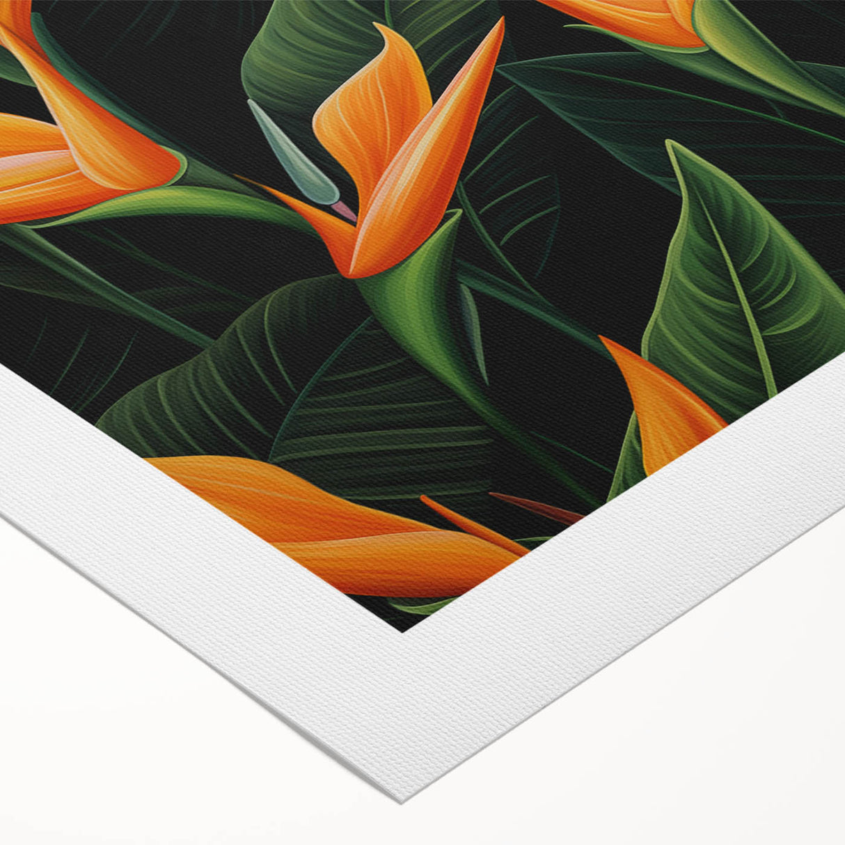 Vibrant rolled canvas artwork showcasing a botanical bird of paradise design, featuring lush colors and intricate details, perfect for home decor.