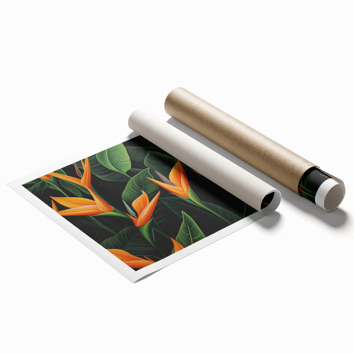 Vibrant rolled print of a botanical Bird of Paradise design, showcasing lush tropical flowers in vivid colors, ideal for enhancing modern home decor.