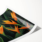 Vibrant Bird of Paradise wall art print showcasing colorful tropical flowers, elegantly rolled and packaged for delivery, perfect for home decor and art enthusiasts.