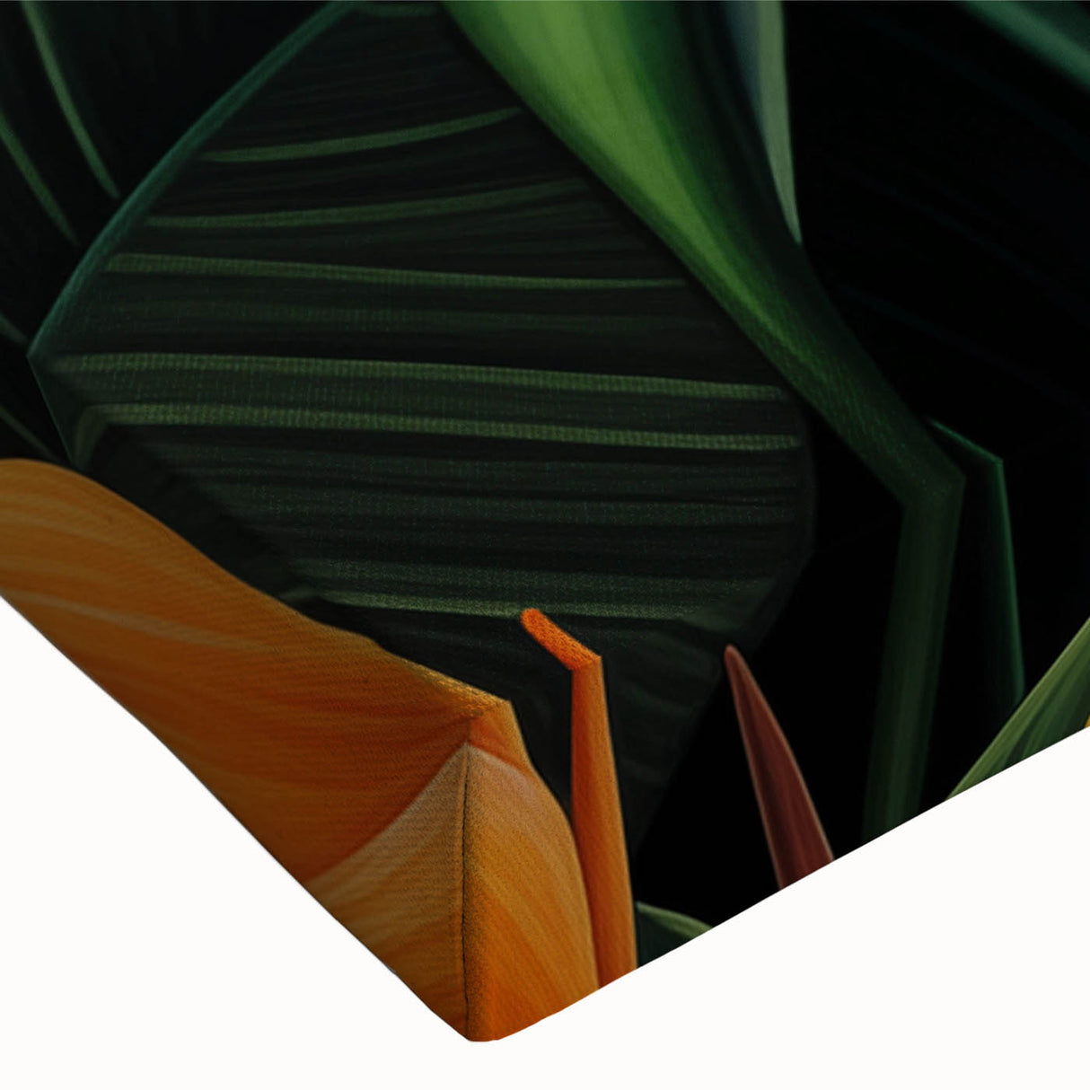 Close-up of a vibrant Bird of Paradise wall art design on stretched canvas, showcasing intricate floral details and rich colors, ideal for home decor.