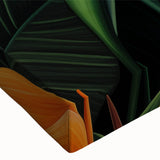 Close-up of a vibrant Bird of Paradise wall art design on stretched canvas, showcasing intricate floral details and rich colors, ideal for home decor.