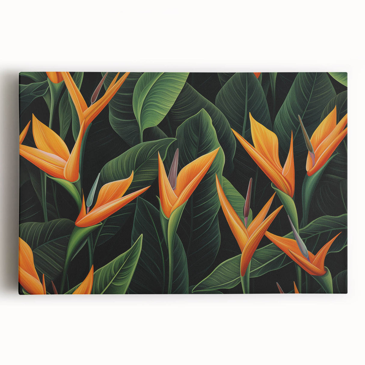 Vibrant canvas wall art showcasing a stunning botanical design of a bird of paradise amidst lush greenery, perfect for adding tropical elegance to any decor.