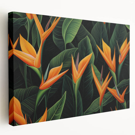 Stretched canvas wall art showcasing a vibrant Bird of Paradise design, featuring intricate floral patterns and a rich color palette, ideal for modern decor.