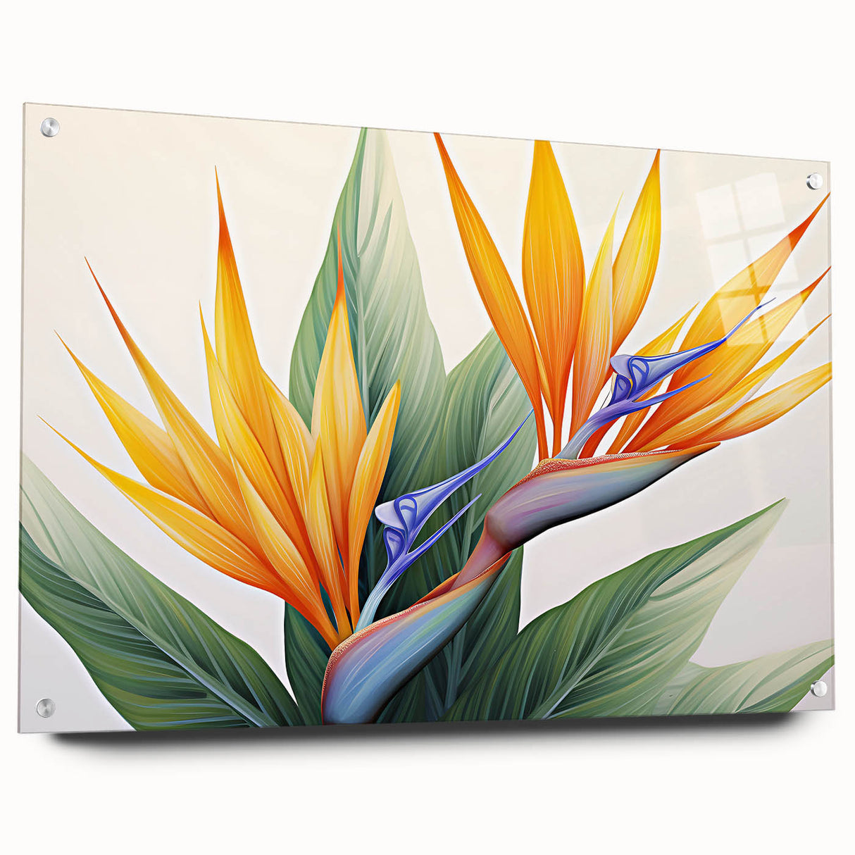 Botanical wall art featuring a vibrant bird of paradise design, displayed in an elegant acrylic glass frame with decorative pins, perfect for modern home decor.