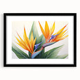Botanical wall art featuring a striking bird of paradise design showcased in a sleek black frame with matting, ideal for enhancing modern home decor.