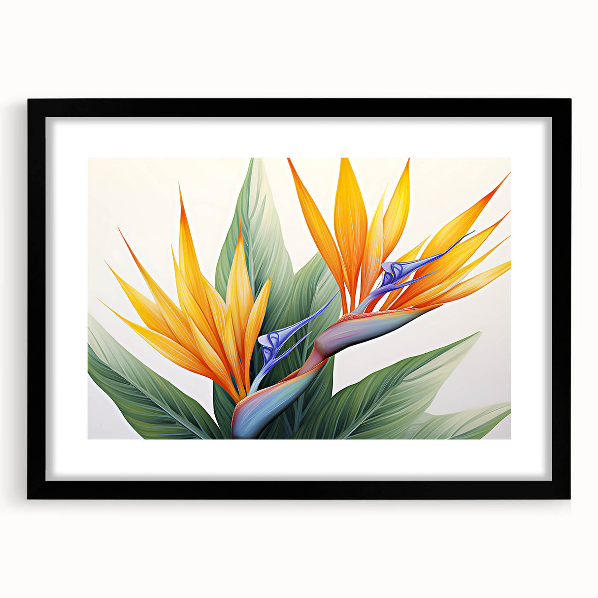 Botanical wall art featuring a striking bird of paradise design showcased in a sleek black frame with matting, ideal for enhancing modern home decor.