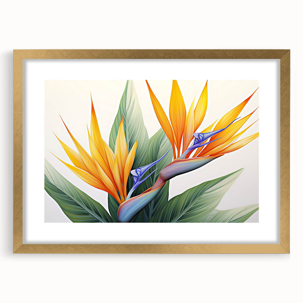 Botanical wall art collection showcasing a vibrant Bird of Paradise design framed in gold with a white mat, perfect for enhancing modern decor.
