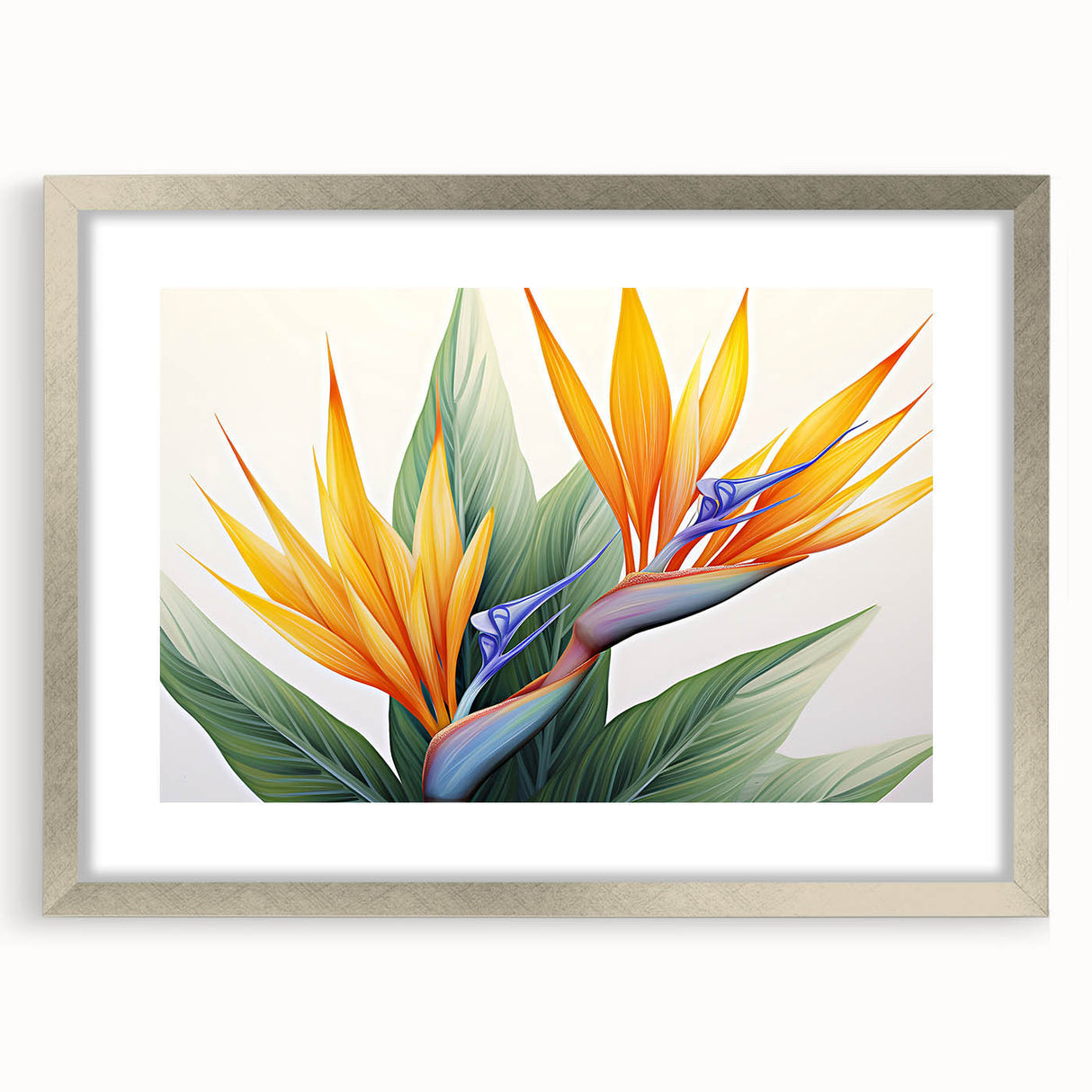 Botanical wall art featuring a vibrant Bird of Paradise design in a sleek silver frame with mat, perfect for enhancing modern home decor. Ideal for nature lovers.