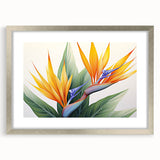 Botanical wall art featuring a vibrant Bird of Paradise design in a sleek silver frame with mat, perfect for enhancing modern home decor. Ideal for nature lovers.