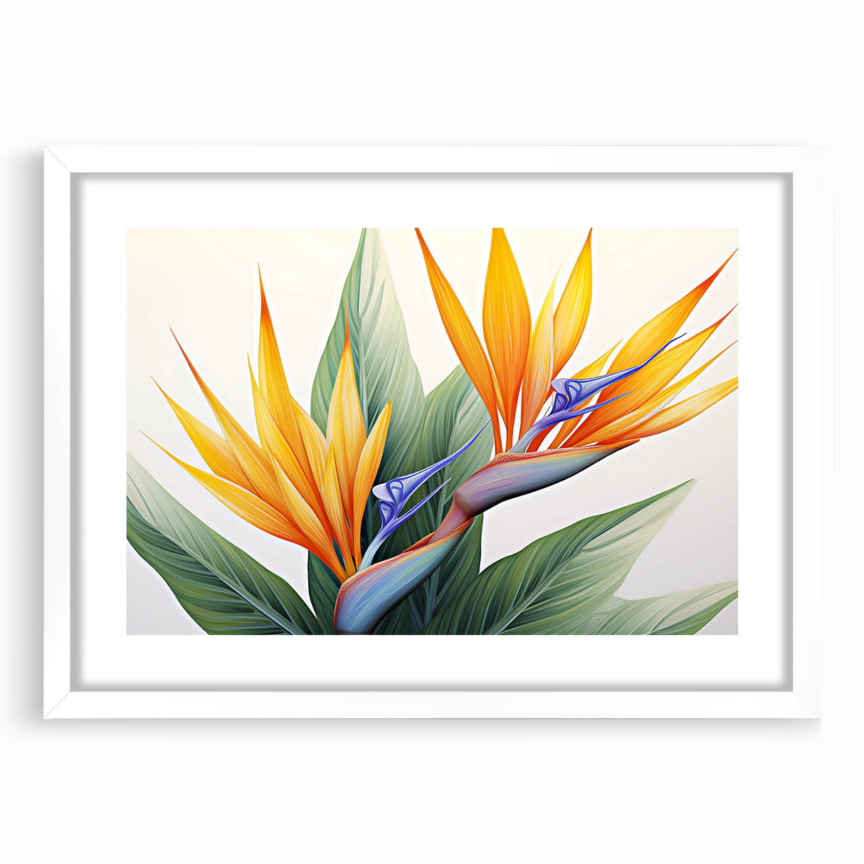 Botanical wall art featuring vibrant Bird of Paradise flowers in a white frame with a mat, perfect for home decor. Ideal for nature lovers and modern aesthetics.