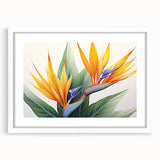 Botanical wall art featuring vibrant Bird of Paradise flowers in a white frame with a mat, perfect for home decor. Ideal for nature lovers and modern aesthetics.
