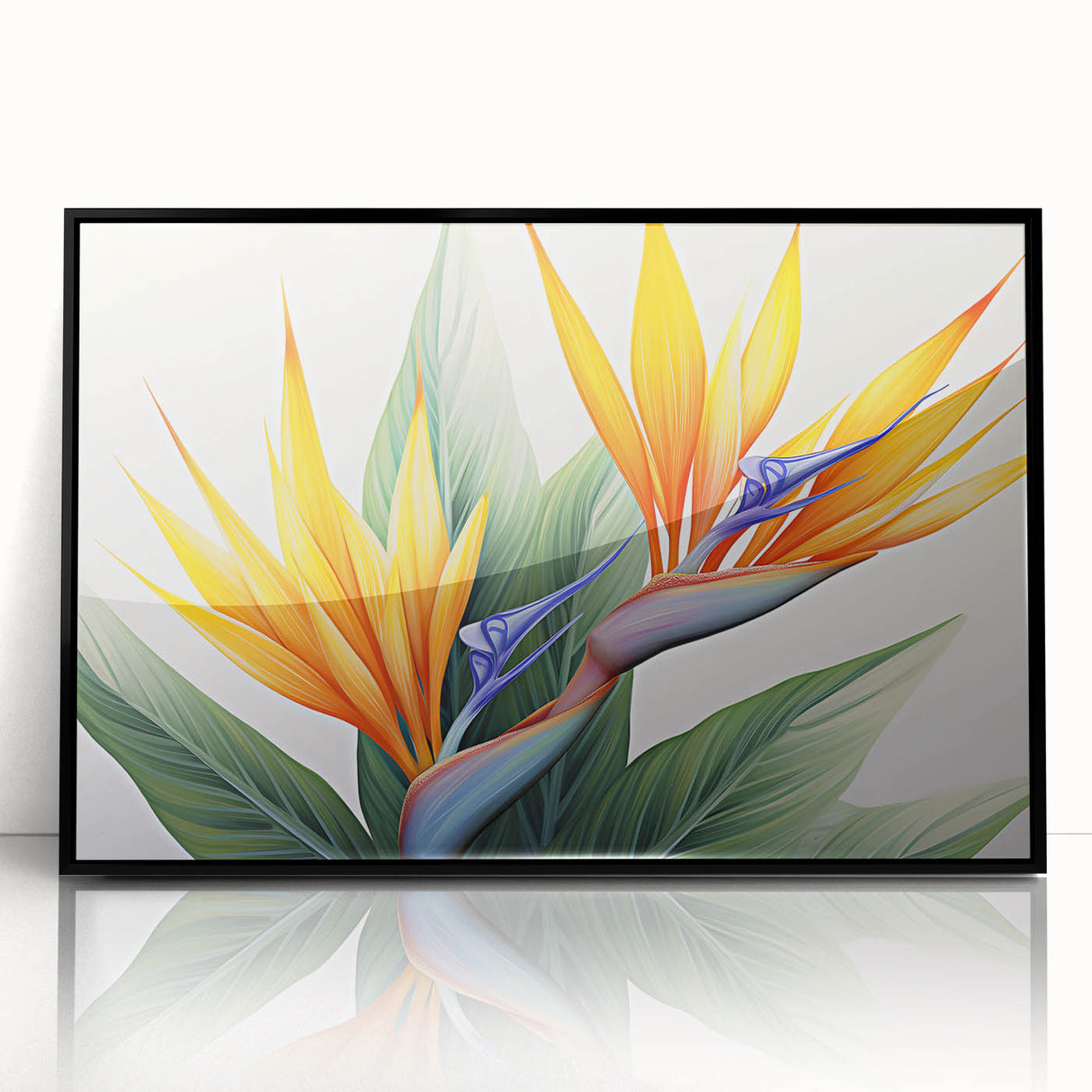 Framed wall art featuring a vibrant Bird of Paradise design in botanical style, set against a sleek black frame, ideal for modern home decor.