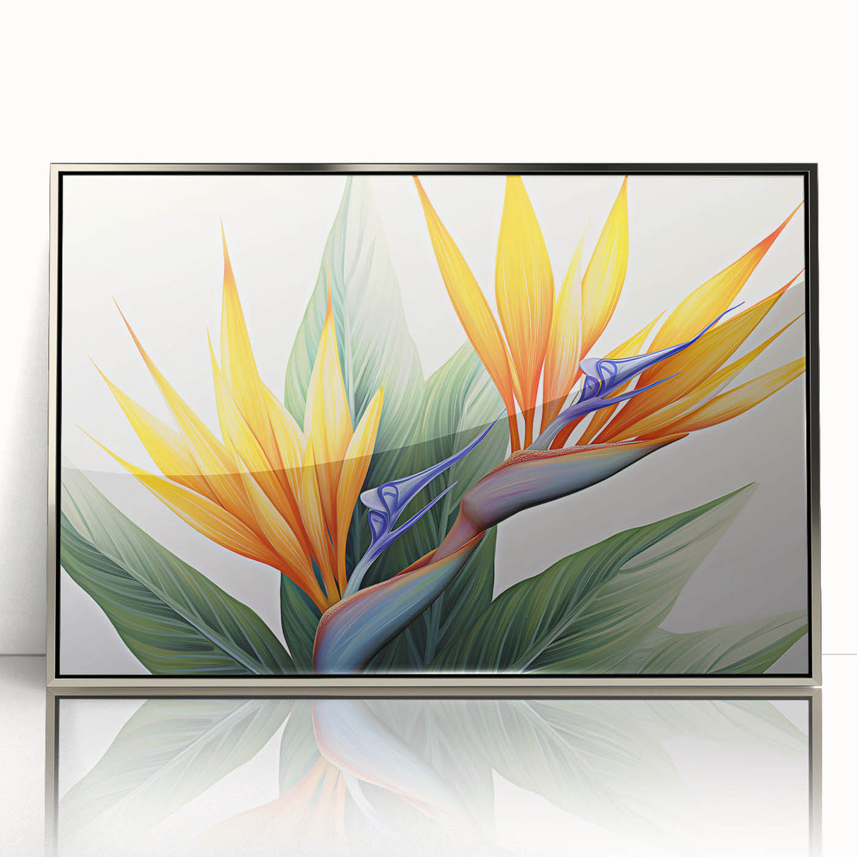 Framed wall art featuring a vibrant Bird of Paradise flower design, showcasing bold colors and intricate botanical details, set against a sleek silver frame.
